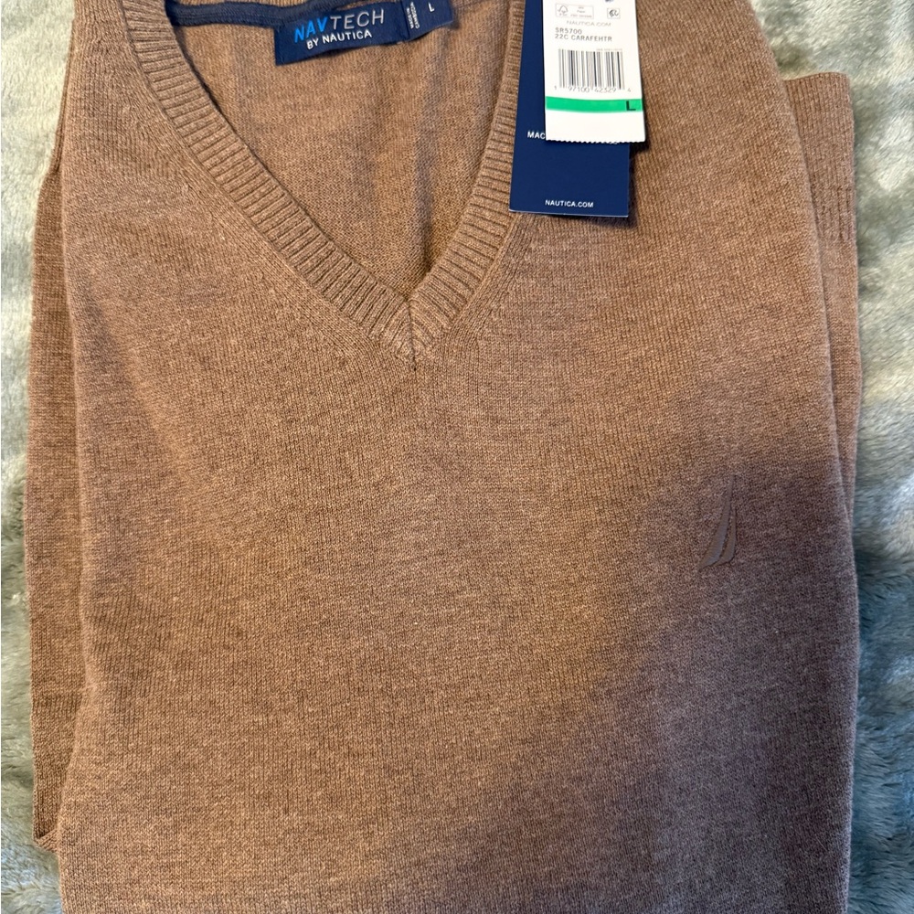 Nautica Men's V-Neck Sweater in Carafe Heather Brown L NWT